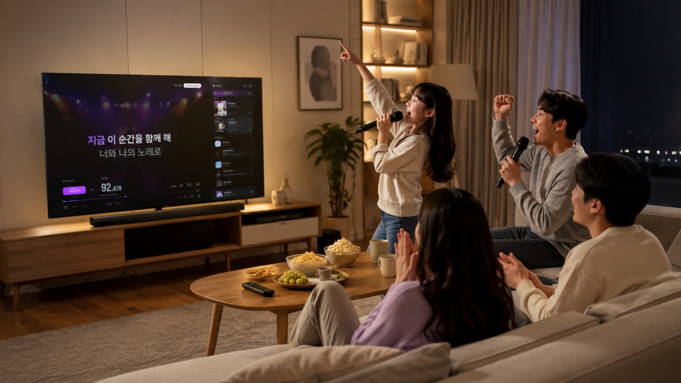 Friends singing with K VOICE on a living-room TV